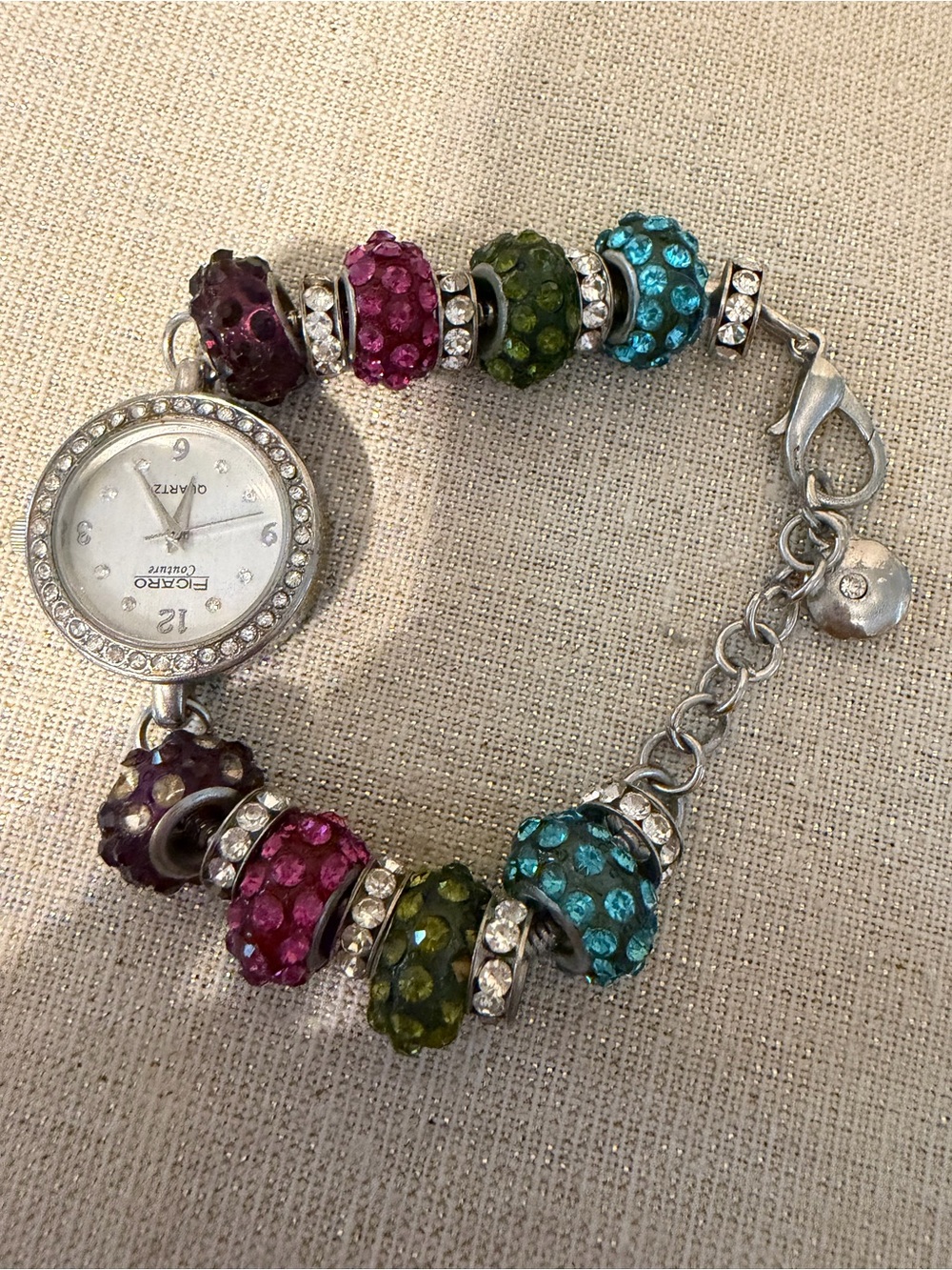 Chunky Beaded Bracelet Watch with Pink, Green & Blue Crystal Beads